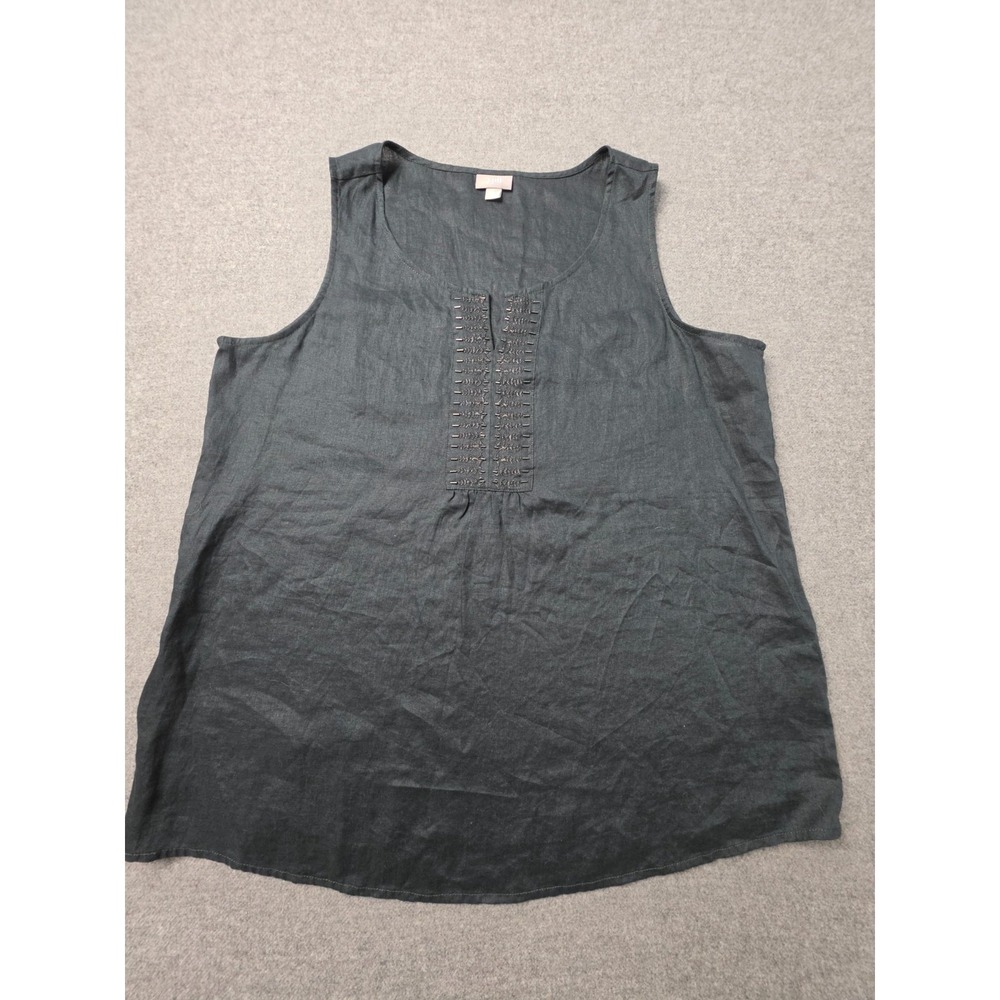 J.Jill Linen Tank Top Womens Large Black Embroidered Split Neck Relaxed Pullover